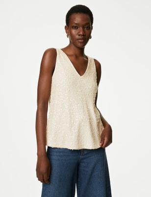 

M&S Collection Top camisola de escote en pico con lentejuelasWomens - Ecru, Ecru