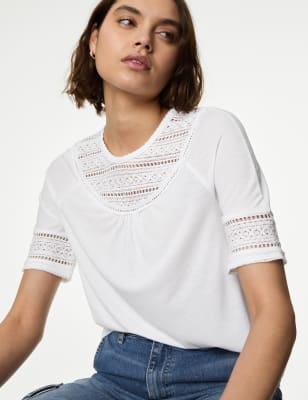 

Womens M&S Collection Jersey Lace Insert Top - Soft White, Soft White