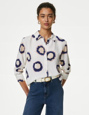 

Womens M&S Collection Bluse mit durchgehender Knopfleiste, Kragen und Muster - Beige Mix, Beige Mix