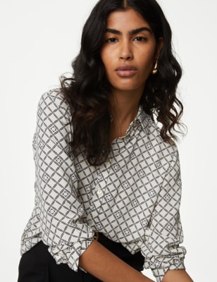 

M&S Collection Blusa abotonada con cuello estampadaWomens - White Mix, White Mix
