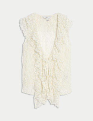 

Womens M&S Collection Lace V-Neck Tie Detail Ruffle Top, Ivory