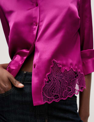 

Womens M&S Collection Satin Button Through Lace Detail Shirt - Fuchsia, Fuchsia