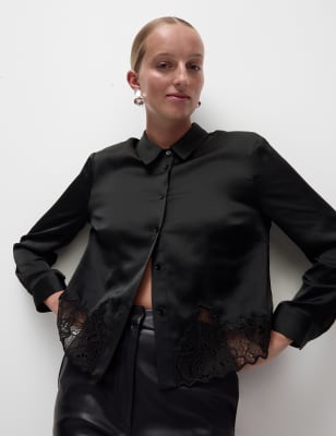 

Womens M&S Collection Satinhemd mit durchgehender Knopfleiste und Spitzendetail - Black, Black