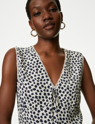 

M&S Collection Blusa con lazo en la parte delantera de escote en pico de topos y detalle de encajeWomens - Ivory Mix, Ivory Mix