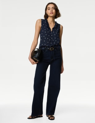 

M&S Collection Blusa de topos con cuello con volanteWomens - Navy Mix, Navy Mix