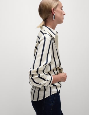 

Womens M&S Collection Satin-Hemd mit durchgehender Knopfleiste, Kragen und Streifenmuster - Navy Mix, Navy Mix