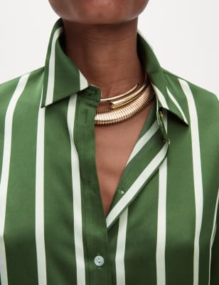 

Womens M&S Collection Satin Striped Collared Button Through Shirt - Green Mix, Green Mix