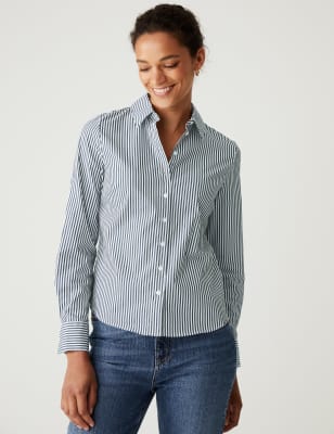 M&S Women's Cotton Rich Striped Fitted Shirt - 14 - Blue Mix, Blue Mix