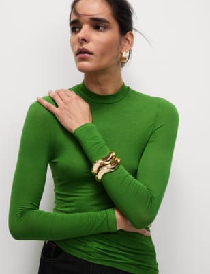 

Womens M&S Collection Normal geschnittenes Oberteil mit hohem Modalanteil und hohem Kragen - Green, Green