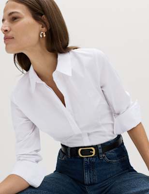 Womens M&S Cotton Rich Collared Fitted Shirt, Soft White