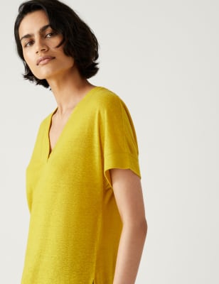 

Womens M&S Collection Linen Rich Regular Fit T-Shirt - Bright Yellow, Bright Yellow