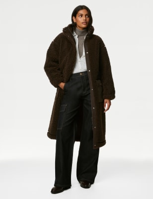 

Womens M&S Collection Lang geschnittener Mantel aus Teddy-Fleece mit Stehkragen - Chocolate, Chocolate