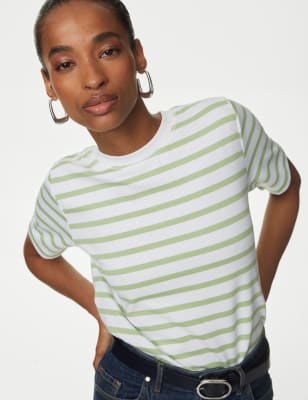 

Womens Autograph Cotton Rich Striped T-Shirt - Light Green Mix, Light Green Mix
