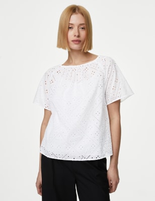 

Womens Autograph Pure Cotton Broderie Round Neck Blouse - Soft White, Soft White