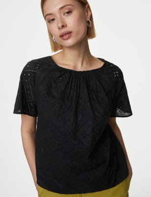 

Womens Autograph Pure Cotton Broderie Round Neck Blouse - Black, Black