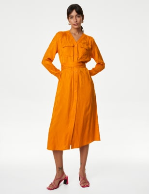 Floral Jacquard V Neck Midi Shirt Dress DARK NAVY Dresses M S JE