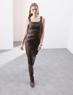 

Womens Autograph Schmales Midikleid mit eckigem Ausschnitt aus Leder - Oxblood, Oxblood