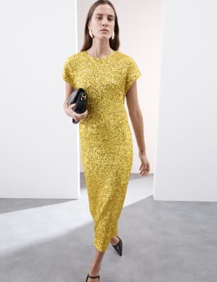 

Womens Autograph Sequin Round Neck Midaxi Shift Dress - Medium Yellow, Medium Yellow