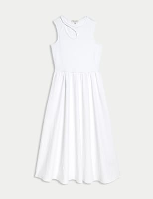 

Autograph Vestido maxi a media pierna a la cintura de algodón con cuello redondoWomens - Soft White, Soft White