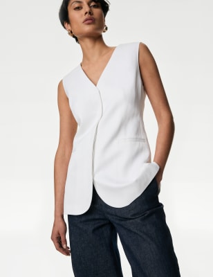 

Womens Autograph Einreihige, lang geschnittene Weste aus Leinenmischgewebe - Soft White, Soft White