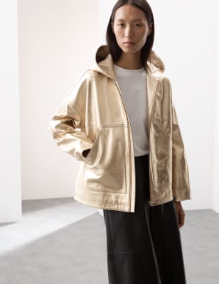 

Womens Autograph Leather Metallic Hooded Jacket, Gold