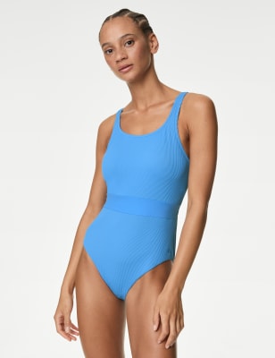 

Womens Goodmove Ribbed Padded Scoop Neck Swimsuit - Mid Blue, Mid Blue