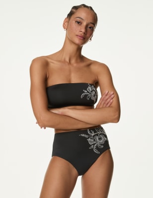 

Womens M&S Collection Wattiertes Bandeau-Bikinioberteil mit Stickerei und Blumenmuster - Black Mix, Black Mix