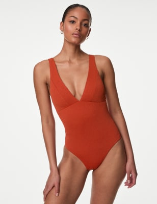 

Womens M&S Collection Tummy Control Textured Padded Plunge Swimsuit - Copper, Copper