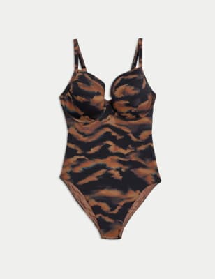 

Womens M&S Collection Printed Wired V-Neck Plunge Swimsuit - Dark Brown Mix, Dark Brown Mix