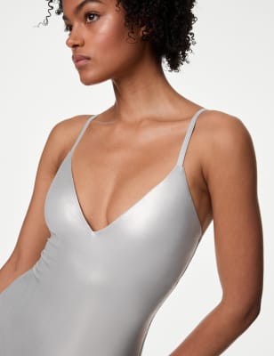 

Womens M&S Collection Metallic Padded Plunge V-Neck Swimsuit - Silver, Silver