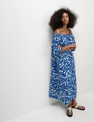 

Womens M&S Collection Pure Cotton Printed Bardot Beach Dress - Dark Blue Mix, Dark Blue Mix