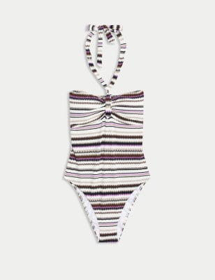 

Womens M&S Collection Tummy Control Textured Striped Halterneck Swimsuit - White Mix, White Mix