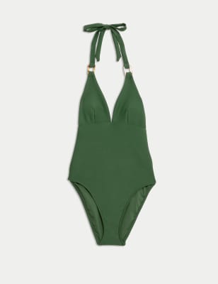 

Womens M&S Collection Trim Detail Padded Plunge Halterneck Swimsuit - Green, Green