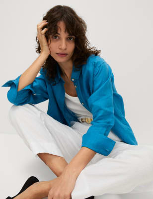 

Womens M&S Collection Pure Linen Collared Oversized Girlfriend Style Shirt - Kingfisher, Kingfisher