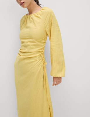 

Womens M&S Collection Linen Rich Side Detail Midi Shift Dress, Gold