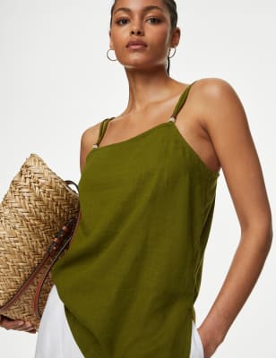 

Womens M&S Collection Linen Rich Beaded Longline Cami Top - Bright Sage, Bright Sage