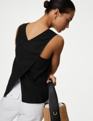 

Womens M&S Collection Linen Rich Cross Back Blouse - Black, Black