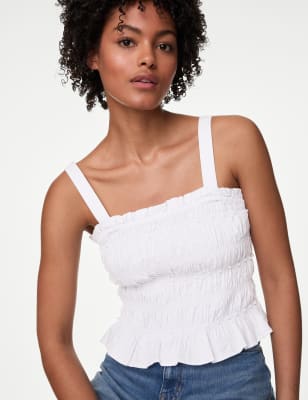 

Womens M&S Collection Linen Rich Square Neck Smocked Cami Top - Soft White, Soft White