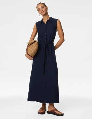 

Womens M&S Collection Linen Rich Button Through Midi Shirt Dress - Navy, Navy