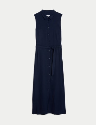 

M&S Collection Vestido camisero a media pierna de lino abotonadoWomens - Navy, Navy