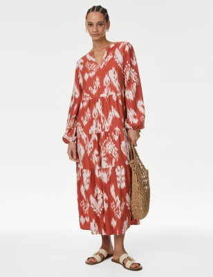

Womens M&S Collection Linen Rich Printed V-Neck Midaxi Dress - Sienna, Sienna