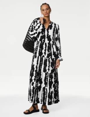 

Womens M&S Collection Gemustertes Midaxi-Etuikleid mit hohem Leinenanteil und V-Ausschnitt - Black Mix, Black Mix