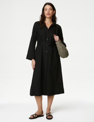 

Womens M&S Collection Linen Rich Belted Relaxed Midaxi Shirt Dress - Black, Black