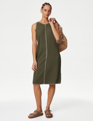 

Womens M&S Collection Linen Rich Stitch Detail Shift Dress - Hunter Green, Hunter Green