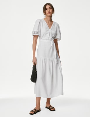 

Womens M&S Collection Linen Rich Tie Waist Midaxi Shift Dress - White, White