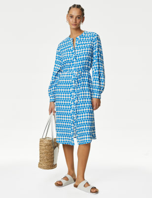 

Womens M&S Collection Linen Rich Printed Midi Shirt Dress - Blue Mix, Blue Mix