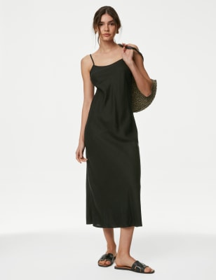 

Womens M&S Collection Midaxi-Trägerkleid mit hohem Leinenanteil - Black, Black
