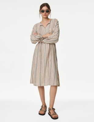 

Womens M&S Collection Linen Blend Striped Midi Shift Dress - Beige Mix, Beige Mix