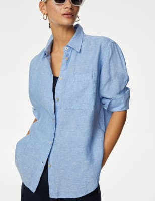 

Womens M&S Collection Pure Linen Collared Relaxed Shirt - Light Chambray, Light Chambray