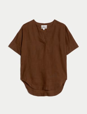 

Womens M&S Collection Pure Linen V-Neck Popover Blouse, Conker